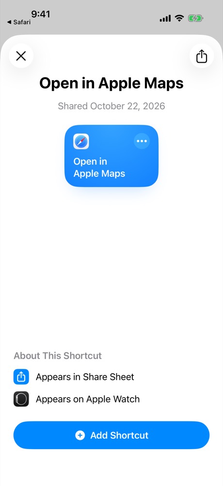 The Shortcuts app showing Open in Apple Maps with an Add Shortcut button