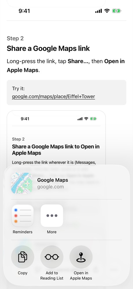 The iOS share sheet for a Google Maps link, with Open in Apple Maps next to Copy and Add to Reading List