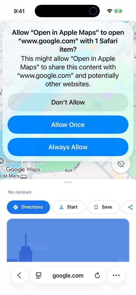 An iOS prompt asking to allow Open in Apple Maps to open the link, with Don't Allow, Allow Once and Always Allow