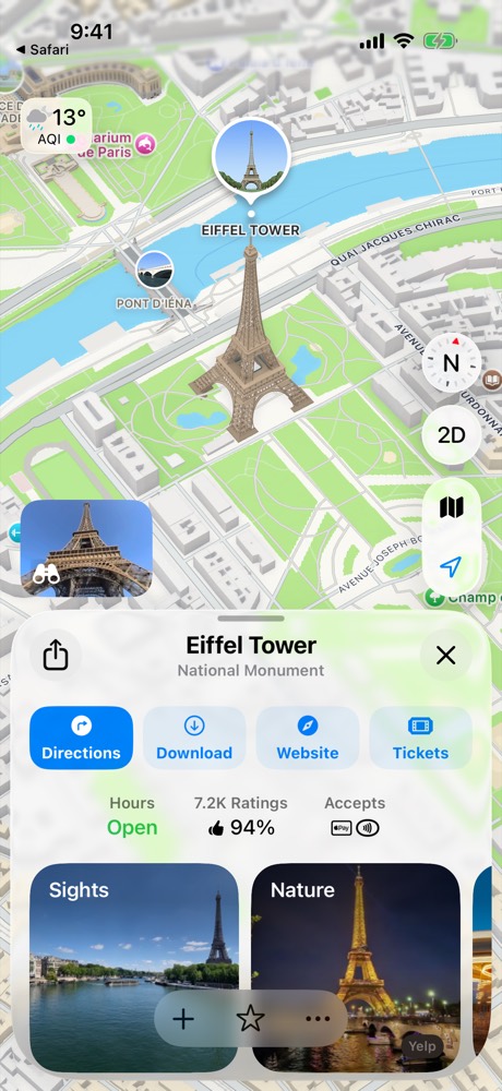 Apple Maps showing the Eiffel Tower place card